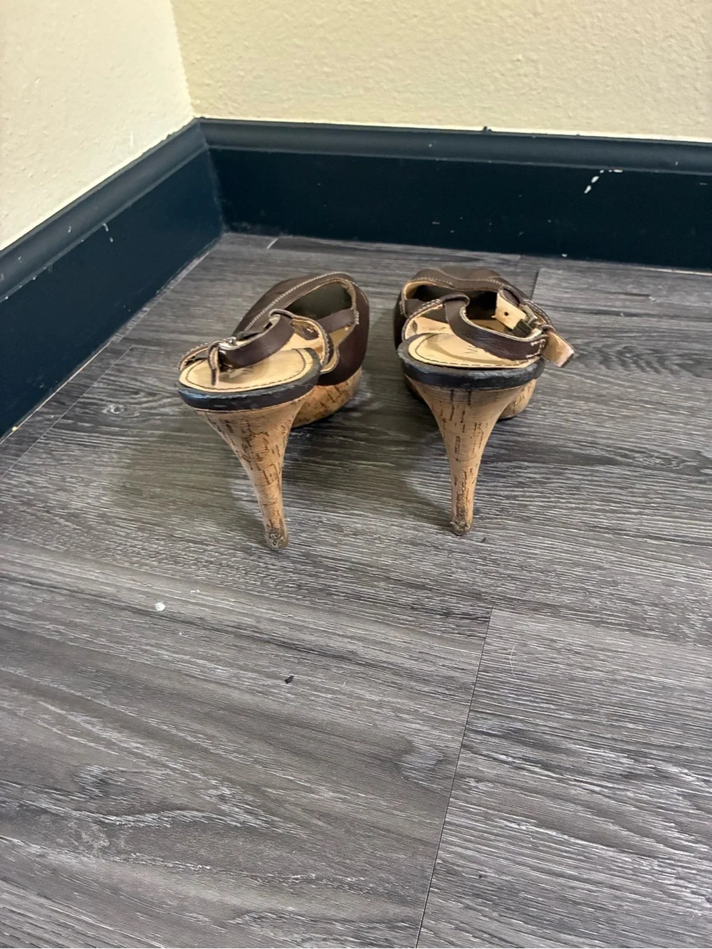 Marc Fisher Brown Leather Peep-Toe Slingback Wedges with Cork Heel